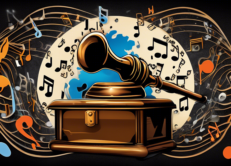 A dynamic and artistic representation of musical notes and social media symbols swirling around the Universal logo while a gavel labeled 'Blackstone' hovers over a chest filled with musical notes and records, symbolizing the Hipgnosis Songs Fund, all under the watchful eye of the Music Business Worldwide (MBW) logo in the background.