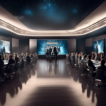 Image of Hollywood elites, including directors and actors, gathered in a futuristic conference room filled with large screens displaying advanced AI technology.