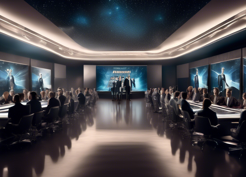 Image of Hollywood elites, including directors and actors, gathered in a futuristic conference room filled with large screens displaying advanced AI technology.