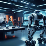 Create a cinematic, stylized scene of a movie studio set where directors and film producers are collaborating with futuristic, sleek-looking AI robots in various production roles. Include elements lik