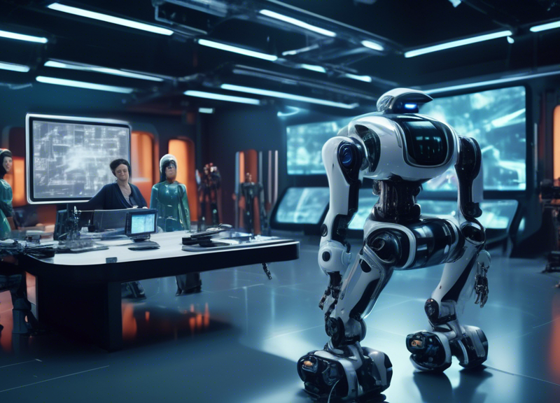 Create a cinematic, stylized scene of a movie studio set where directors and film producers are collaborating with futuristic, sleek-looking AI robots in various production roles. Include elements lik