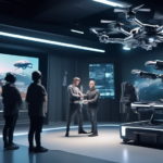 Create a futuristic Hollywood film set bustling with advanced AI technologies: Autonomous robotic cameras filming a scene, AI-driven drones capturing aerial shots, digital avatars interacting with hum