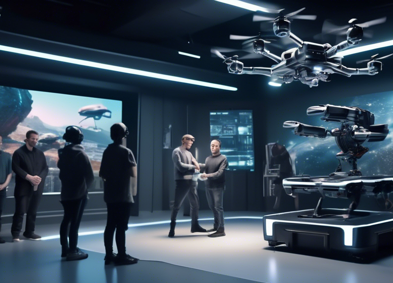 Create a futuristic Hollywood film set bustling with advanced AI technologies: Autonomous robotic cameras filming a scene, AI-driven drones capturing aerial shots, digital avatars interacting with hum