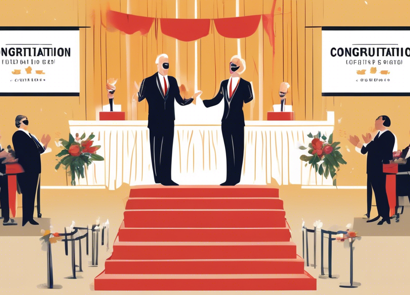 An elegant ceremony stage with two podiums, one labeled 'Jill Weindorf' and the other 'Joe Dent', under a banner reading 'Congratulations Executive Vice Presidents' with the Concord Label Group logo, people clapping in an auditorium.