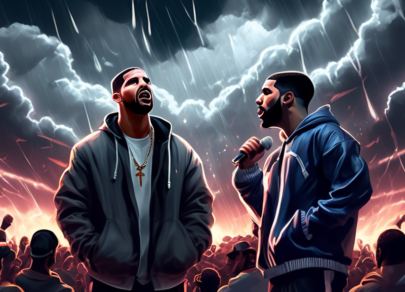 An intense rap battle under a dramatic stormy sky, with Drake and Kendrick Lamar facing off on opposite sides while execs from Epic and Republic Records watch nervously from the sidelines, against a backdrop of music notes and thunderbolts, encapsulating the escalating beef.