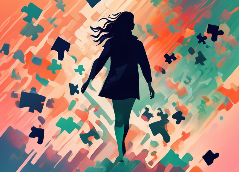 Digital illustration of an abstract Spotify podcast interface with pieces resembling puzzle elements falling apart, symbolizing a major shakeup, with a silhouette of a woman walking away in the background, representing Julie McNamara's exit.