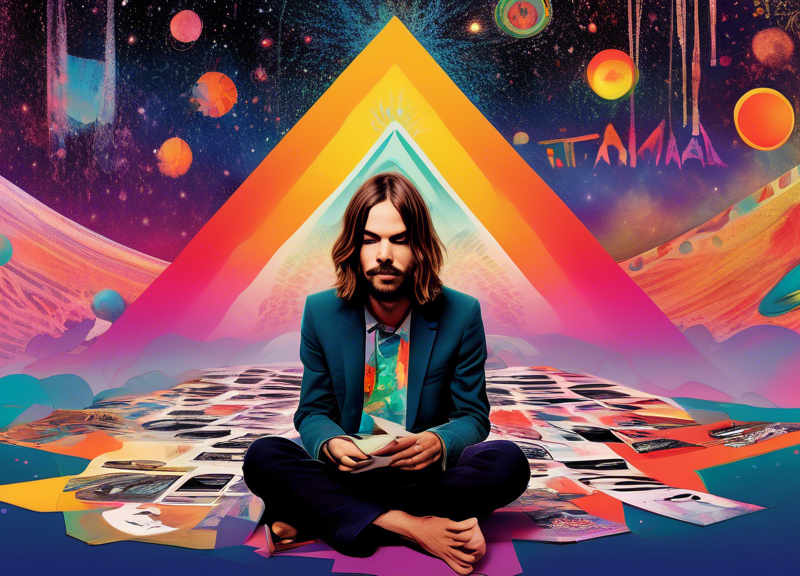 An artistic representation of Sony Music Publishing signing a contract with Tame Impala's Kevin Parker surrounded by an abstract representation of Tame Impala's discography, all set against a celestial backdrop reminiscent of the band's psychedelic music style.