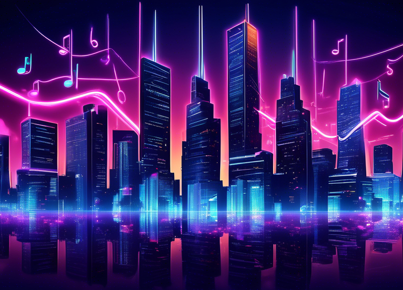 Digital artwork illustrating a futuristic Sony music empire with skyscrapers made of musical notes and classic vinyl records, showcasing $2.5 billion in glowing neon lights with a graph indicating a 14.7% growth, set against a night sky of Q1 2024.