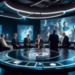 Depict a dramatic scene with technology titans, symbolizing CEOs of major tech companies, negotiating with Hollywood icons, represented by film directors and producers, at a large, futuristic roundtab