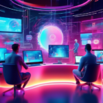 A high-tech advertising agency scene with sleek computers and holographic displays, featuring AI algorithms analyzing data in real-time, creative team collaborating with AI in designing eye-catching a