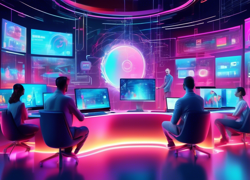 A high-tech advertising agency scene with sleek computers and holographic displays, featuring AI algorithms analyzing data in real-time, creative team collaborating with AI in designing eye-catching a