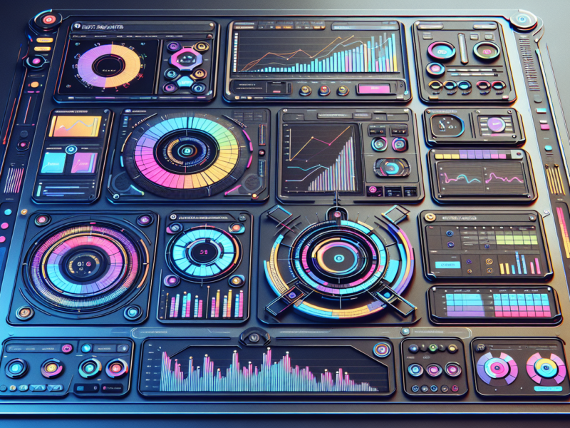 Create an image of a futuristic dashboard displaying various tools for tracking music royalties. Include charts, graphs, and visual representations of data to show how artists and rights holders can m