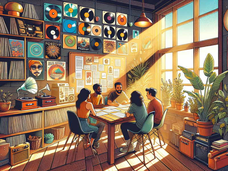 Create an image of a cozy and artistic indie music publishing office, featuring vintage record players, shelves of vinyl records, a corkboard filled with concert flyers, a plant-filled sunny window, a