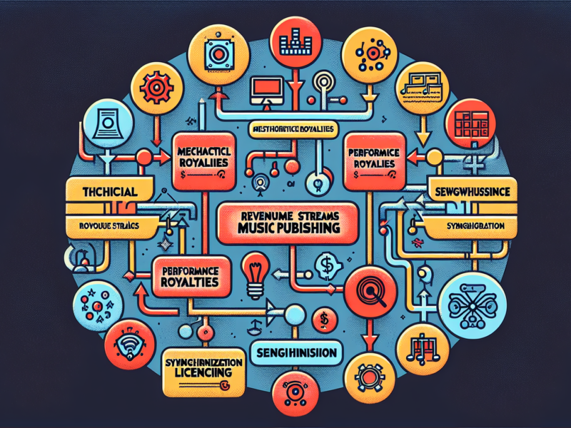 Create an image of a detailed flowchart illustrating the various revenue streams in music publishing, including mechanical royalties, performance royalties, synchronization licensing, and more. Each r