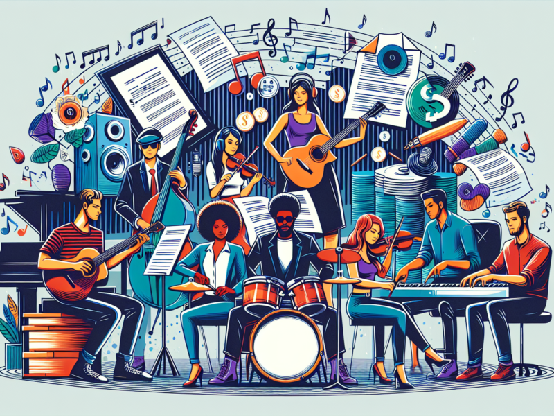 Create an image depicting a diverse group of musicians and songwriters collaborating in a recording studio, surrounded by stacks of sheet music, copyright symbols, and royalty checks. Show them discus