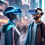 Create an image of a futuristic city where hyper-realistic virtual humans interact with real people. Show advanced holographic displays, a person in a VR headset smiling as they shake hands with a lif