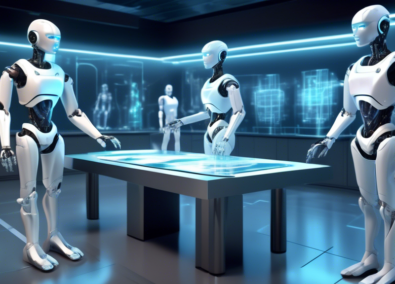 Create an image of a futuristic lab displaying both virtual human holograms and advanced humanoid robots working together. The holograms should appear to be sophisticated AI beings with a lifelike pre