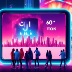 An animated digital billboard showcasing a montage of viral TikTok video clips transitioning into a giant glowing stopwatch set at 60 minutes, with a crowd of diverse, animated people watching in awe below, against the backdrop of a bustling futuristic cityscape.