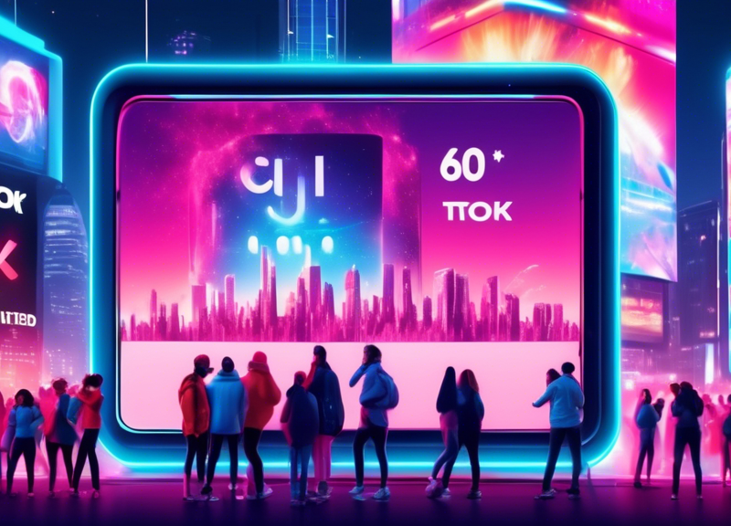 An animated digital billboard showcasing a montage of viral TikTok video clips transitioning into a giant glowing stopwatch set at 60 minutes, with a crowd of diverse, animated people watching in awe below, against the backdrop of a bustling futuristic cityscape.