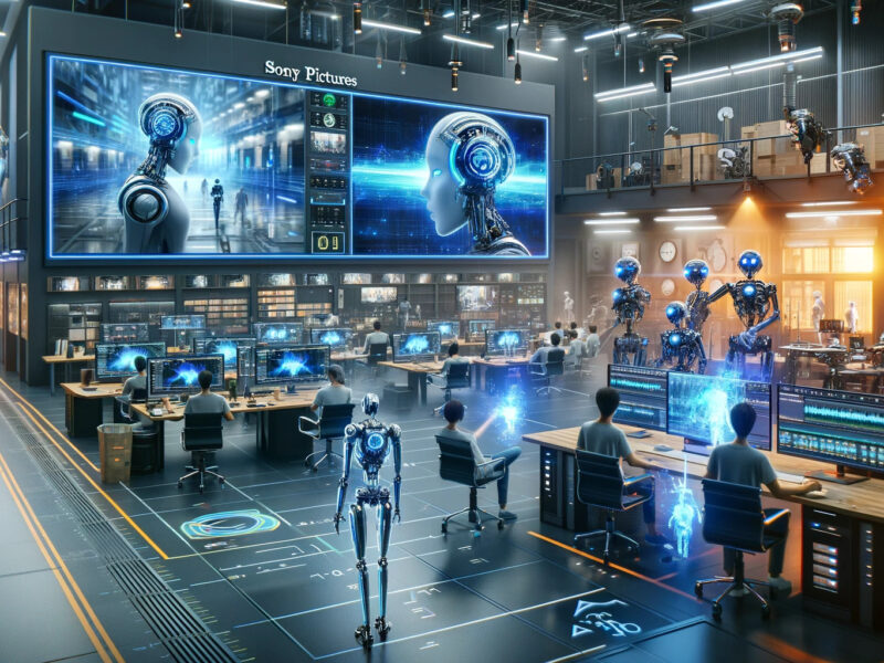 A-futuristic-film-production-studio-integrating-AI-technology.-The-studio-is-bustling-with-activity-with-advanced-AI-robots-assisting-human-directors