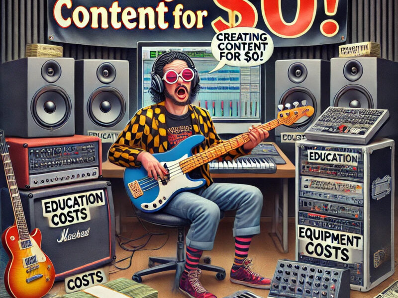 A-satirical-image-depicting-the-unrealistic-notion-of-creating-music-content-for-zero-dollars.-In-the-center-a-musician-is-shown-playing-a-high-quality-guitar