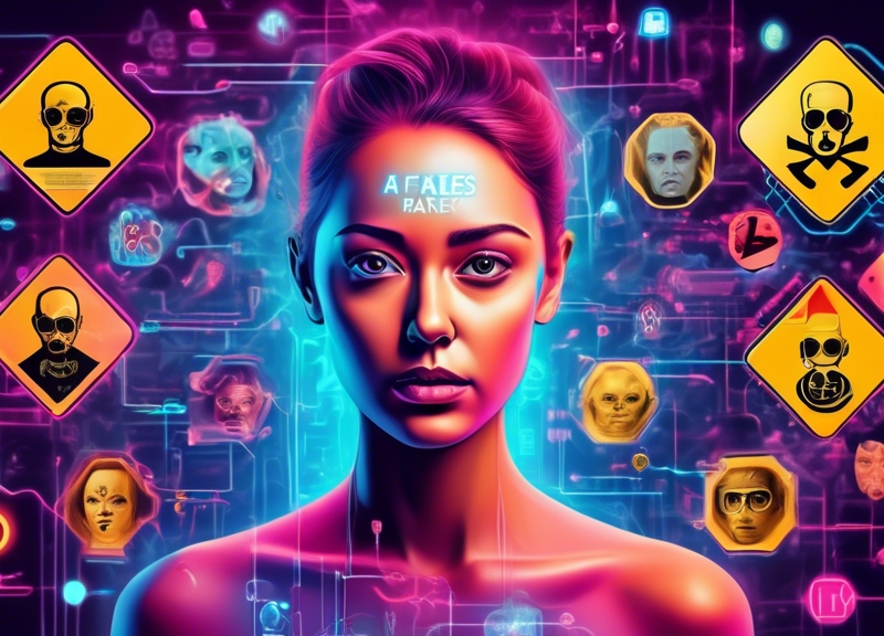 A realistic portrayal of a person's face morphing into a deep fake image, with various warning signs and caution symbols in the background, highlighting the potential dangers and ethical concerns of A