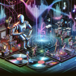 Create an image showcasing a futuristic music studio where an AI-powered robot collaborates with human musicians, surrounded by holographic musical instruments and digital sound waves. Include visual elements of traditional and digital music blending seamlessly, such as vinyl records and streaming codes, to reflect the transformation in the music industry.