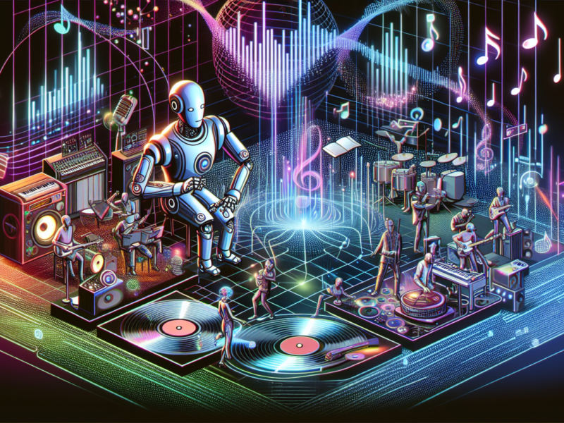 Create an image showcasing a futuristic music studio where an AI-powered robot collaborates with human musicians, surrounded by holographic musical instruments and digital sound waves. Include visual elements of traditional and digital music blending seamlessly, such as vinyl records and streaming codes, to reflect the transformation in the music industry.