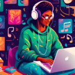 Create an artistic and vibrant digital illustration of a person sitting at a cozy desk, surrounded by musical notes, album covers, and different genres of music, engaging with their Spotify account on a laptop. There are vibrant icons of playlists, personalized recommendations, and various music features floating around, showcasing the breadth of Spotify's offerings. Include a warm, inviting atmosphere with a modern, stylish design.