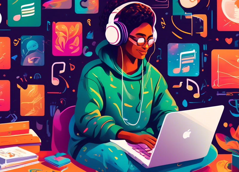 Create an artistic and vibrant digital illustration of a person sitting at a cozy desk, surrounded by musical notes, album covers, and different genres of music, engaging with their Spotify account on a laptop. There are vibrant icons of playlists, personalized recommendations, and various music features floating around, showcasing the breadth of Spotify's offerings. Include a warm, inviting atmosphere with a modern, stylish design.