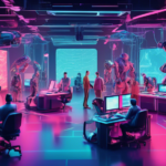 Illustration of a bustling film studio where filmmakers collaborate with advanced generative AI robots. The scene includes futuristic sets, holographic screenwriters, and AI-driven cameras. The atmosp