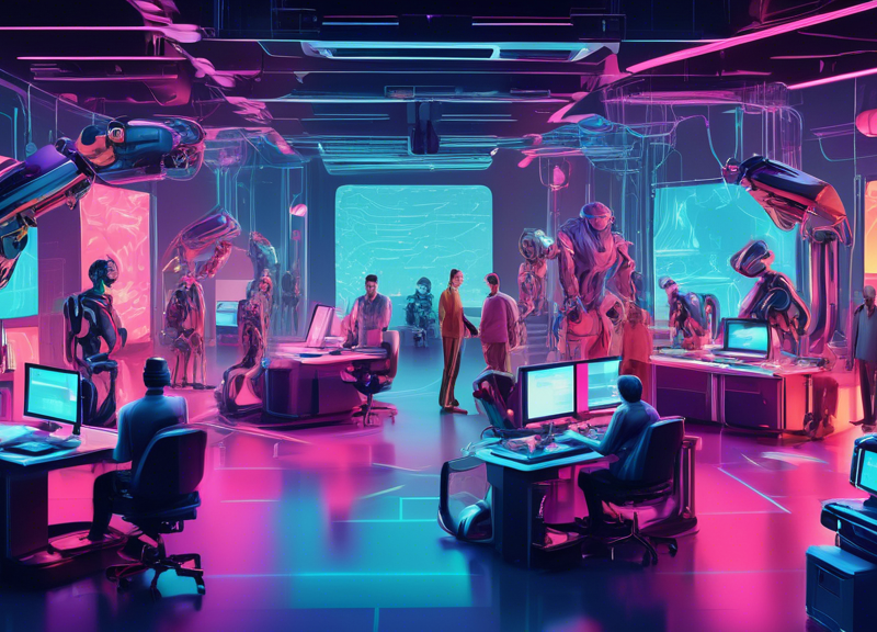 Illustration of a bustling film studio where filmmakers collaborate with advanced generative AI robots. The scene includes futuristic sets, holographic screenwriters, and AI-driven cameras. The atmosp