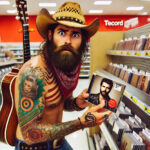 A-male-country-western-singer-with-a-guitar-on-his-back-a-big-beard-cowboy-hat-and-tattoos-all-over-his-face-and-arms-at-a-Target-store