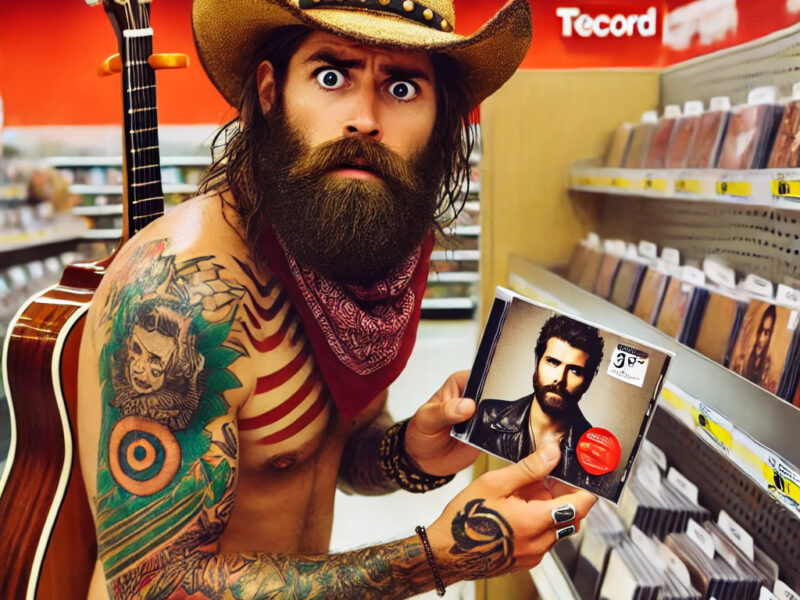 A-male-country-western-singer-with-a-guitar-on-his-back-a-big-beard-cowboy-hat-and-tattoos-all-over-his-face-and-arms-at-a-Target-store