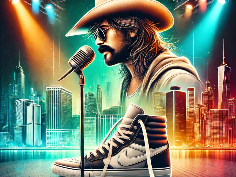 A-modern-art-image-of-an-urban-cowboy-singing-on-stage.-He-has-a-mustache-and-long-hair-in-the-back-wearing-unlaced-high-top-tennis-shoe