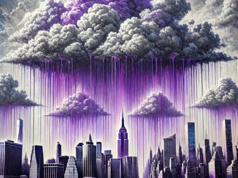 A-modern-art-painting-featuring-clouds-pouring-down-purple-rain-over-New-York-City-skyscrapers