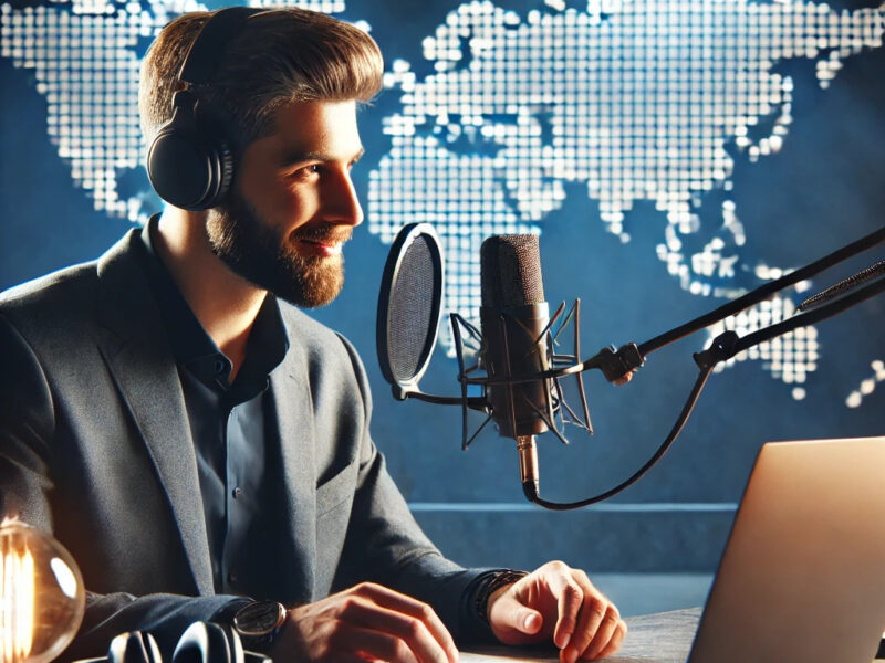 A realistic image of a popular male podcaster speaking into a microphone, with a laptop in front of him.