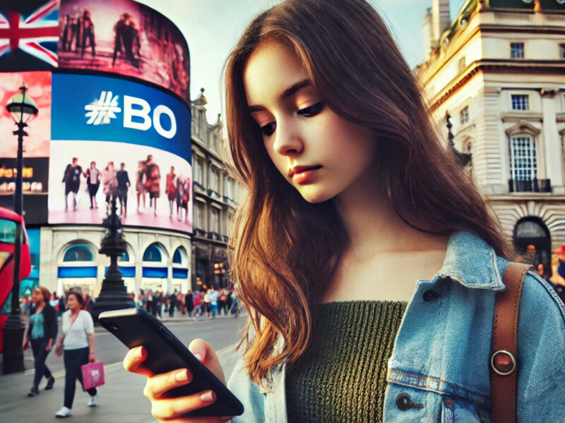 A-young-Gen-Z-girl-staring-at-her-phone-while-walking-down-the-street-in-Piccadilly-Circus-London.-She-is-casually-dressed-in-trendy-modern-clothing