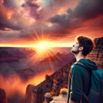 A-young-man-standing-at-the-edge-of-the-Grand-Canyon-at-sunset-with-the-sun-setting-over-the-canyon.