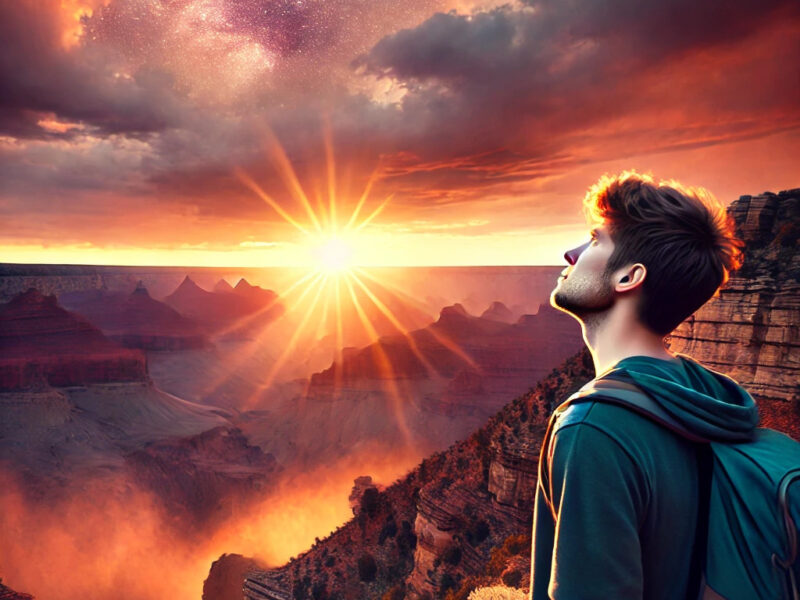 A-young-man-standing-at-the-edge-of-the-Grand-Canyon-at-sunset-with-the-sun-setting-over-the-canyon.