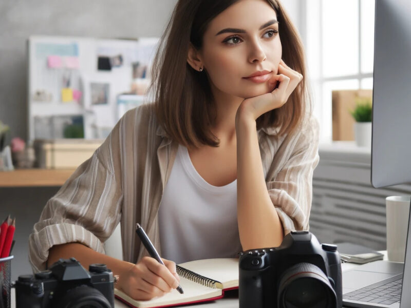 A-young-woman-aged-18-35-sitting-at-her-desk-with-a-laptop-open-and-a-computer-screen-beside-he