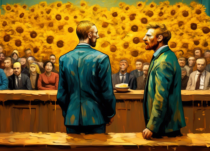 Photorealistic image of a courtroom scene with two activists standing trial, a notable image of Van Gogh's 'Sunflowers' splashed with soup in the background, expressions of concern and determination o