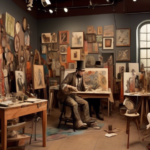 Create an image depicting a 19th-century art studio filled with artists passionately working on various avant-garde pieces. The room should be filled with eclectic and unconventional artworks that ble