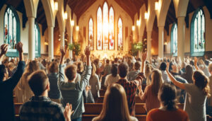 Christians-at-a-church-service-raising-their-hands-in-praise-of-God