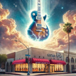 A-bright-glowing-guitar-floating-in-the-heavens-above-the-retail-guitar-outlet-on-Sunset-Blvd-in-Hollywood.-The-guitar-is-ethereal-judgement