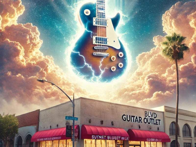 A-bright-glowing-guitar-floating-in-the-heavens-above-the-retail-guitar-outlet-on-Sunset-Blvd-in-Hollywood.-The-guitar-is-ethereal-judgement