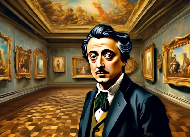 Create an image of Salvador Dalí in a grand, ornately decorated European art gallery. Dalí is examining classic European masterpieces adorned on the walls, with a look of admiration. The scene should