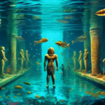 Underwater archaeological divers discover intricate ancient Egyptian Pharaoh carvings submerged in the depths of the Nile River, with aquatic life and sunken ruins visible around the site, illuminated