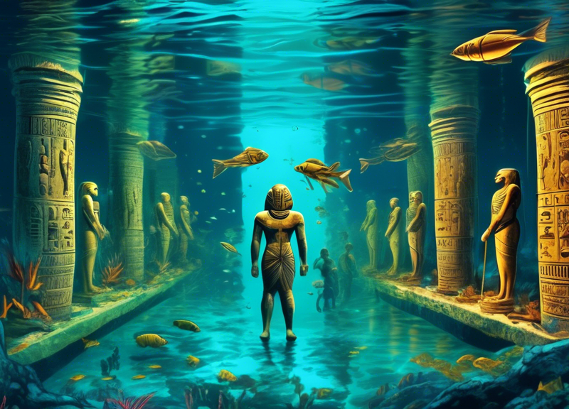 Underwater archaeological divers discover intricate ancient Egyptian Pharaoh carvings submerged in the depths of the Nile River, with aquatic life and sunken ruins visible around the site, illuminated