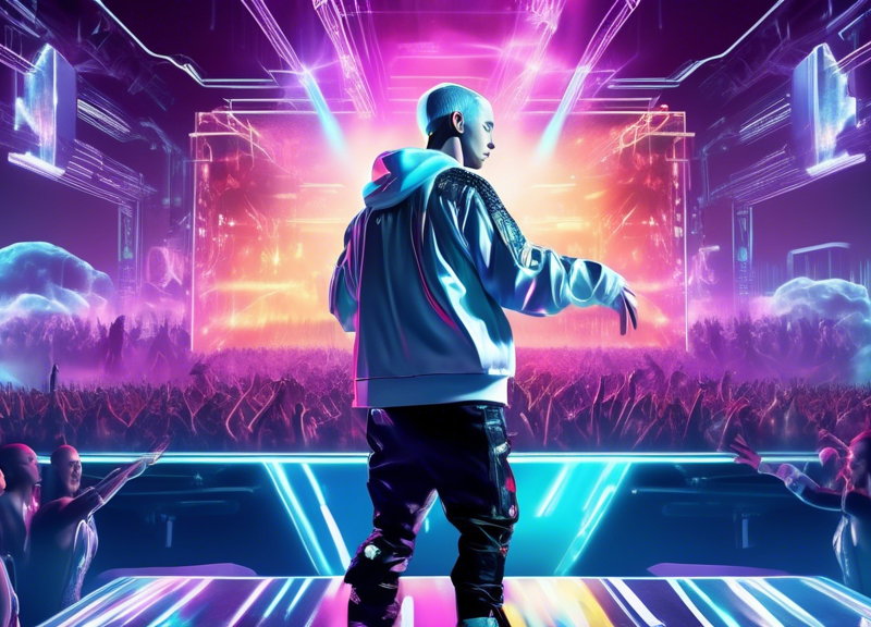 Create an image showcasing Eminem performing in a futuristic, holographic concert setting. The background features advanced AI technology with artificial intelligence-generated visuals and robots danc